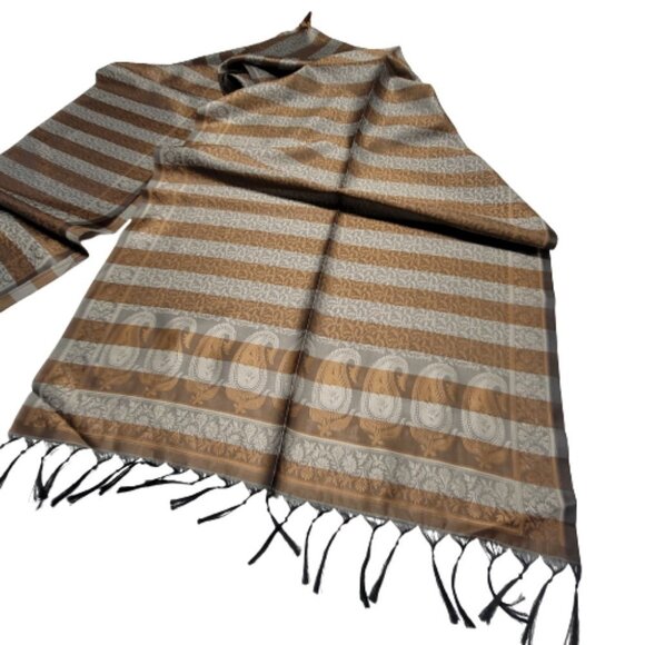 Brown Striped Paisley Floral Thin Long Rectangular Scarf - Picture 2 of 6